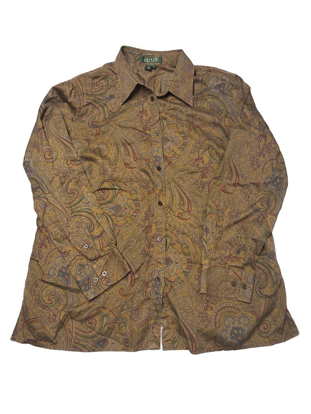 Lauren Ralph Lauren Shirt Womens 1X Brown Paisley Long Sleeve Button Down Boho